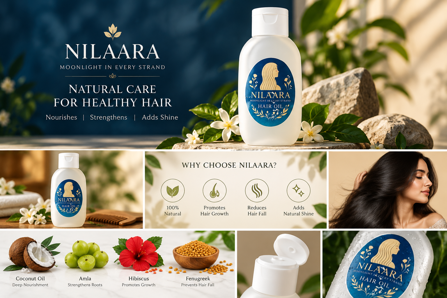 Nilaara botanical hair care campaign with product and plant-inspired imagery